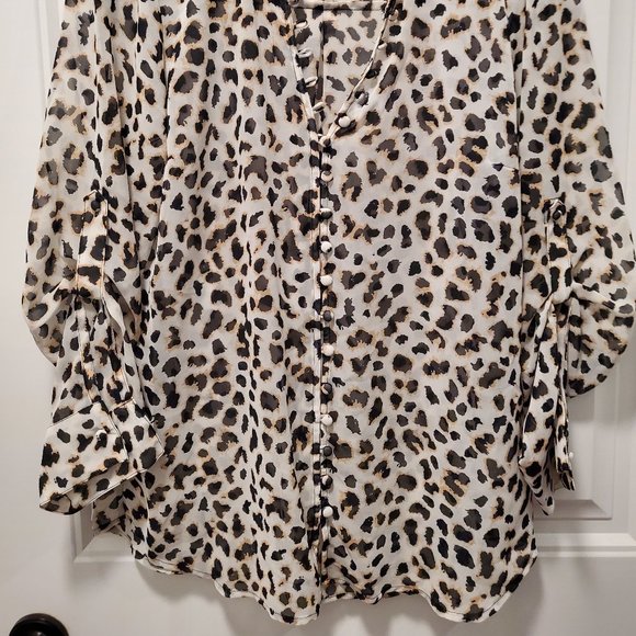 Express Portofino Slim Leopard Print Long Sleeve Sheer Blouse - Picture 2 of 4